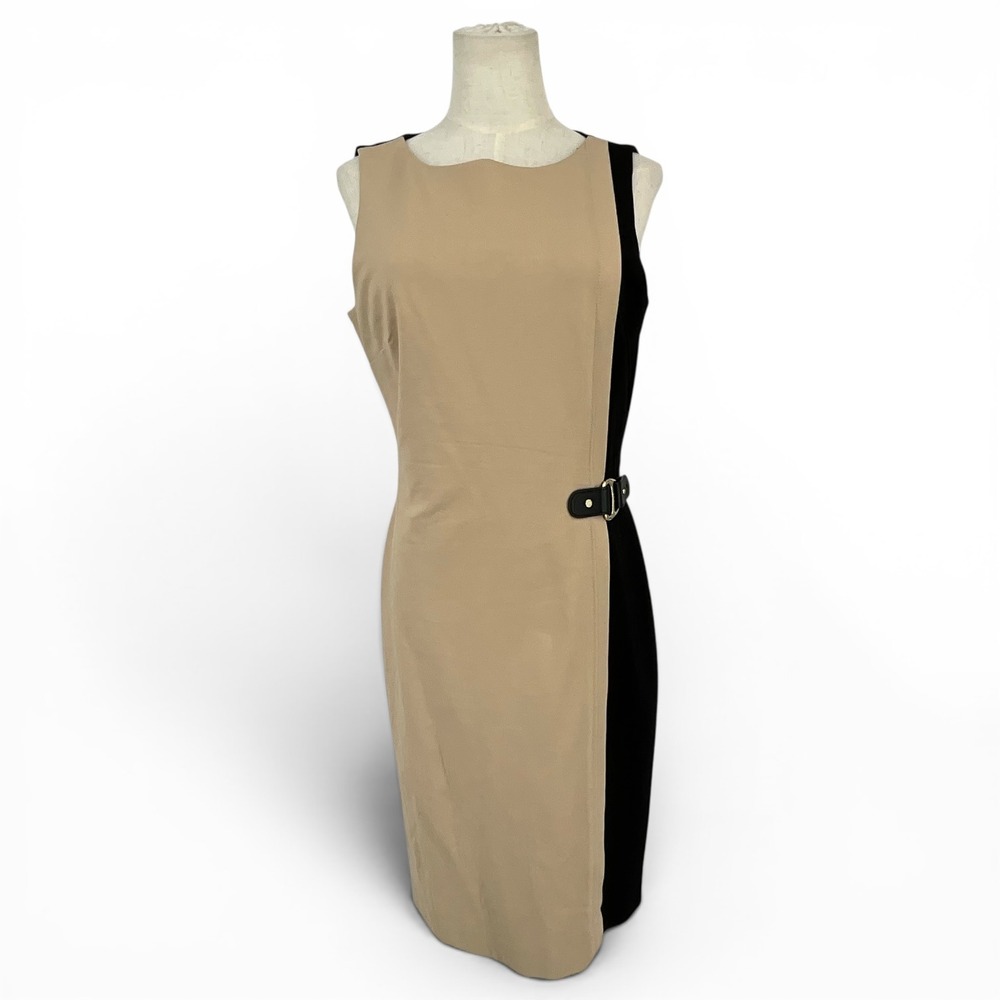 Lauren Ralph Lauren Tan Black Colorblock Buckle Sheath Dress Size 10